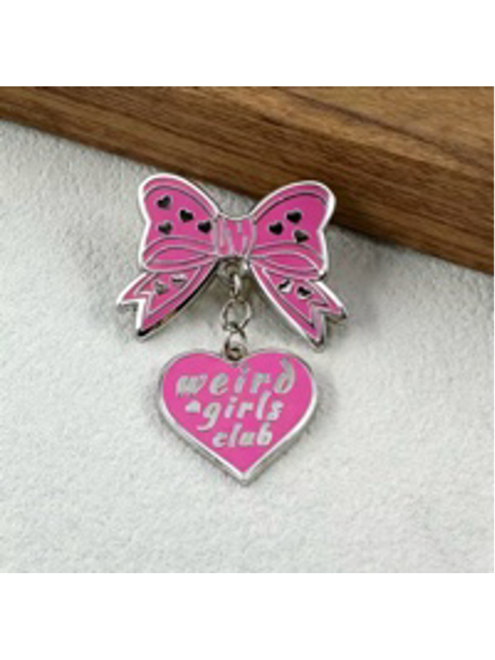Pink & Silver "Weird Girls Club" Bow Heart Brooch Enamel Pin